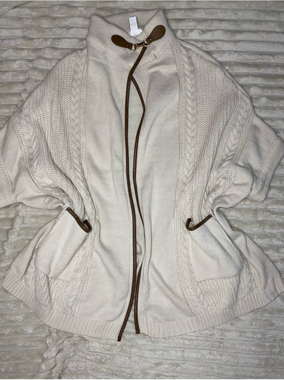 Women’s Cream Cable Knit Zip-Front Sweater with Brown Trim